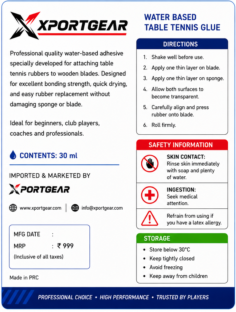 Xportgear Table Tennis Glue, Water Based, VOC Free, Strong Grip, Fast Drying Formula, Easy Removal, with Free Sponge, ITTF Approved.
