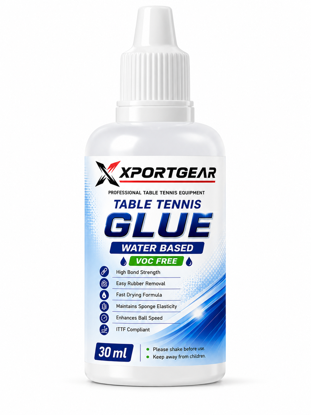 Xportgear Table Tennis Glue, Water Based, VOC Free, Strong Grip, Fast Drying Formula, Easy Removal, with Free Sponge, ITTF Approved.