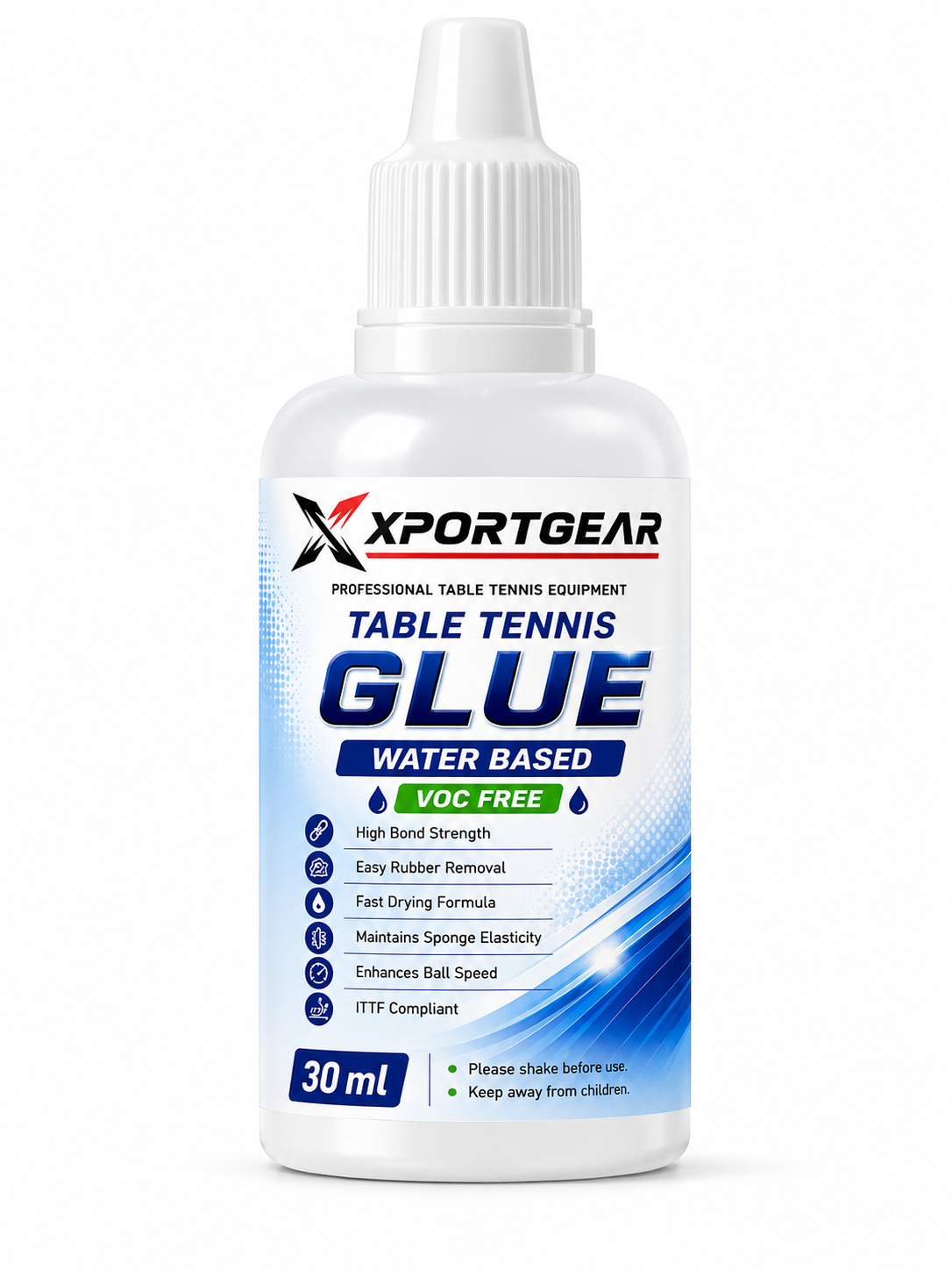 Xportgear Table Tennis Glue, Water Based, VOC Free, Strong Grip, Fast Drying Formula, Easy Removal, with Free Sponge, ITTF Approved.