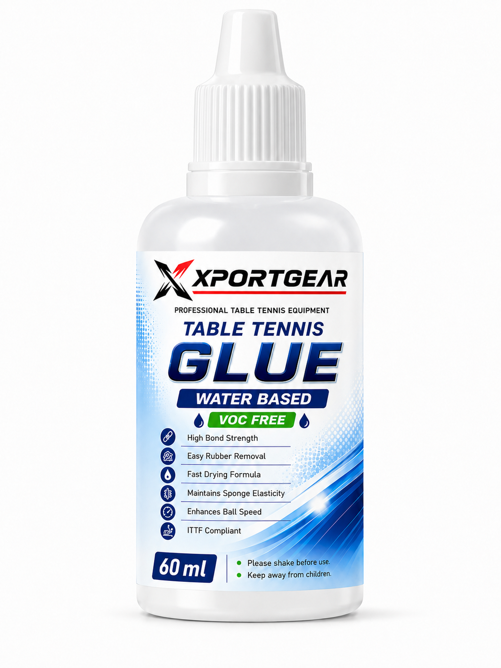 Xportgear Table Tennis Glue, Water Based, VOC Free, Strong Grip, Fast Drying Formula, Easy Removal, with Free Sponge, ITTF Approved.